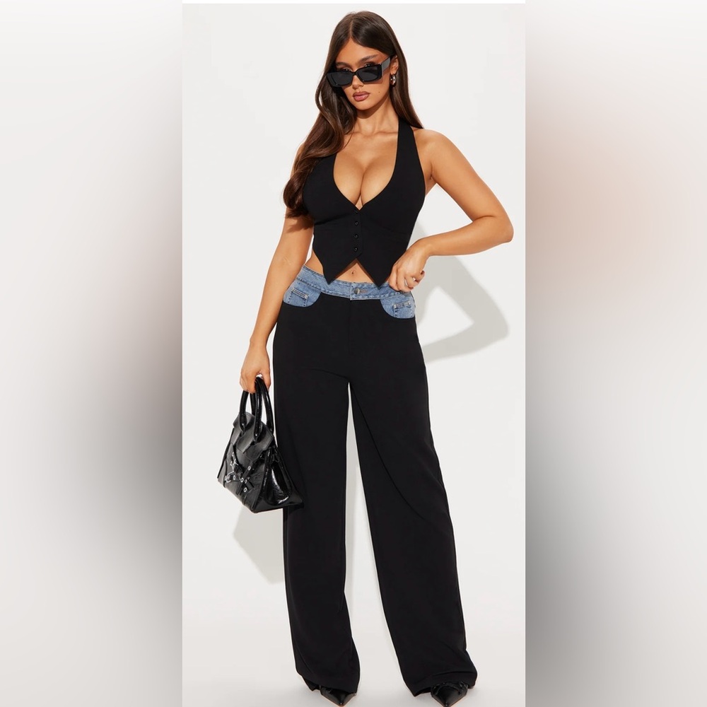 Fashion Nova Black  and Denim Two-Piece Set